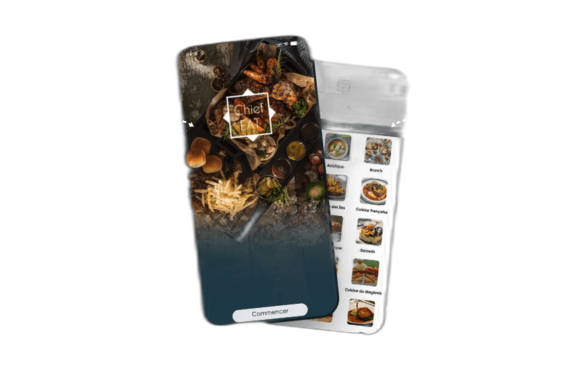 Aperçu de l'application Chief EAT sur smartphone — des plats maison et des chefs sélectionnés